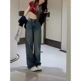 lovefery  Washed-out Vintage Wide Leg Jeans for Women Autumn and Winter New  Hong Kong Style Loose High Waist Slimming Straight Mop Pants