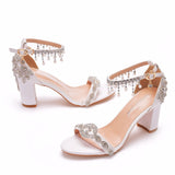 LoveFery Square White Rhinestone Tassel Bride Wedding Heels