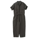 lovefery  Artistic Vintage Cotton and Linen Women's Clothing  Spring Summer New Short Sleeves Linen Jumpsuit Cropped Pants