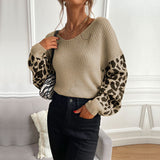 LOVEFERY Popular trade autumn and winter popular new V-neck knitted pullover top loose and lazy leopard print splicing sweater women