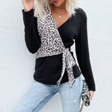 LOVEFERY New  New 2025 Design Top One-piece Leopard Print Splicing Long Sleeve Black T-Shirt