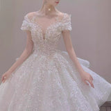 lovefery off-Shoulder Wedding Dress Bride  New Main Yarn Texture  Heavy Industry Small Man Go out Light Yarn Tail