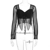 LOVEFERY 2025  women's clothing Hot autumn and winter new sexy exposed navel mesh yarn strap drawstring short long-sleeved halter top