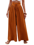 lovefery  Women's Summer Wide-Leg Casual Pants Lightweight Adjustable High Waist Lace-up Loose Trousers