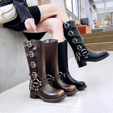 Yi Mengling Same Style Brush Color Genuine Leather Knee-High Boots  New Square Head Sleeve Motorcycle Retro Western Cowboy Boot Fashion