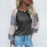 LOVEFERY popular popular autumn New women's waffle crew neck top splicing leopard print bottoming knitted sweater