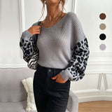 LOVEFERY Popular trade autumn and winter popular new V-neck knitted pullover top loose and lazy leopard print splicing sweater women