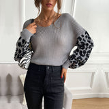 LOVEFERY Popular trade autumn and winter popular new V-neck knitted pullover top loose and lazy leopard print splicing sweater women