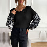 LOVEFERY Popular trade autumn and winter popular new V-neck knitted pullover top loose and lazy leopard print splicing sweater women