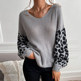 LOVEFERY Popular trade autumn and winter popular new V-neck knitted pullover top loose and lazy leopard print splicing sweater women