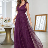 lovefery Cross-Border Evening Dress with Gold Sequins  New Ladies Bow Elegant V-neck Bridesmaid Dress Summer Style