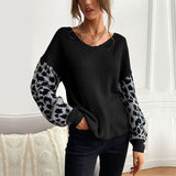 LOVEFERY Popular trade autumn and winter popular new V-neck knitted pullover top loose and lazy leopard print splicing sweater women