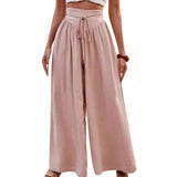 lovefery  Women's Summer Wide-Leg Casual Pants Lightweight Adjustable High Waist Lace-up Loose Trousers