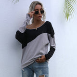 LOVEFERY New  Hot Trade Women's Clothing popular Color Combination Long Sleeve Knitted Sweater Loose Off-Shoulder One-Neck Top