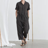 lovefery  Artistic Vintage Cotton and Linen Women's Clothing  Spring Summer New Short Sleeves Linen Jumpsuit Cropped Pants