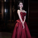 lovefery Tube Top Bridal Toast Dress Wine Red High Sense  New Satin Engagement Wedding Dress Evening Dress Long