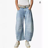 lovefery  New Cross-Border  Fashion Casual Women's Loose Wide-Leg Pants Mid-Bottom Waist Wash Denim Trousers