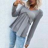 LOVEFERY autumn new popular 2025 splicing knitted sweater v-neck ruffle edge waffle knitted bottoming top