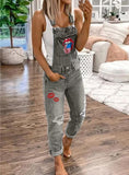 Suspender Trousers for Women New European and American New  Wish Hot Sale Hot-Selling Floral-Print Washed Jeans