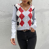 LOVEFERY popular autumn new New 2025 college rhombus v-neck sweater slim-fitting knitted cardigan women's long-sleeved top