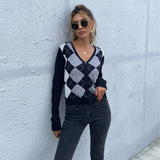 LOVEFERY Strictly selected  popular autumn new 2025 rhombus v-neck cardigan knitted sweater slim retro top women