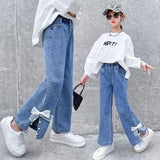 LOVEFERY Girls' Wide-Leg Pants  Spring and Autumn New Children's Western Style Girls Medium and Big Children Loose Casual Straight-Leg Jeans Fashion