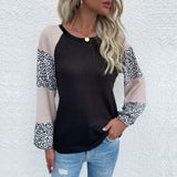 LOVEFERY popular popular autumn New women's waffle crew neck top splicing leopard print bottoming knitted sweater