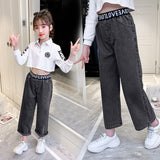 LOVEFERY Girls' Wide-Leg Pants  Spring and Autumn New Children's Western Style Girls Medium and Big Children Loose Casual Straight-Leg Jeans Fashion