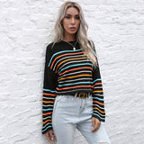 LOVEFERY popular New Autumn Crew Neck Pullover Long Sleeve Fashion Temperament Color Striped Top Women's Hot Trade Knitted Sweater Women's