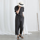 lovefery  Artistic Vintage Cotton and Linen Women's Clothing  Spring Summer New Short Sleeves Linen Jumpsuit Cropped Pants