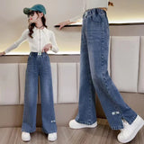 LOVEFERY Girls' Wide-Leg Pants  Spring and Autumn New Children's Western Style Girls Medium and Big Children Loose Casual Straight-Leg Jeans Fashion