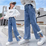 LOVEFERY Girls' Wide-Leg Pants  Spring and Autumn New Children's Western Style Girls Medium and Big Children Loose Casual Straight-Leg Jeans Fashion