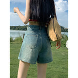 2024 Summer New High Waist Denim Shorts Female Loose Design Niche Retro Wide Leg A- line Hot Pants Tide