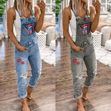 Suspender Trousers for Women New European and American New  Wish Hot Sale Hot-Selling Floral-Print Washed Jeans