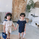 LOVEFERY Children's Suit  Summer New Kindergarten Navy Style Short-Sleeved Shorts Boys and Girls Foreign Trade Cotton and Linen Two-Piece Suit