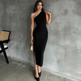 LOVEFERY style cross-border 2025 summer new slanted shoulder solid color split end sleeveless pure desire sexy temperament slim dress