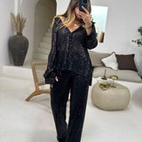 LOVEFERY Cross-border 2025 fashion casual women's clothing beaded jacket trousers top set temperament elegant sequins two-piece set