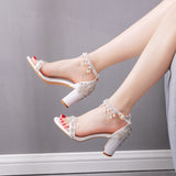 LoveFery Square White Rhinestone Tassel Bride Wedding Heels