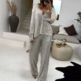 LOVEFERY Cross-border 2025 fashion casual women's clothing beaded jacket trousers top set temperament elegant sequins two-piece set