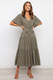 Solid Split Joint With Belt V Neck Cake Skirt Dresses