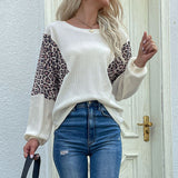 LOVEFERY Popular trade new autumn popular Middle East women's loose round neck bottoming top leopard print splicing jumper