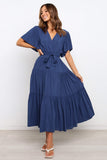 Solid Split Joint With Belt V Neck Cake Skirt Dresses