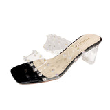 LoveFery Women's Square Toe Chunky Transparent Summer Crystal Heels