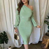 LOVEFERY 2025 AC424 Popular,  and popular Spring and Autumn New   Slim-fit Solid Color Temperament Long Hip Wrap Dress Women