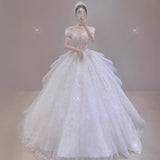 lovefery off-Shoulder Wedding Dress Bride  New Main Yarn Texture  Heavy Industry Small Man Go out Light Yarn Tail