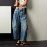 lovefery  New Cross-Border  Fashion Casual Women's Loose Wide-Leg Pants Mid-Bottom Waist Wash Denim Trousers