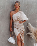 Persimmon One Shoulder Satin Drape Dress - Champagne