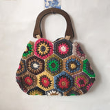 LoveFery - Women woolen Woven Tote Beach Handbag Floral Handmade Weaving Shoulder Bags Hand Crochet Bag Flower Stitching Shopper Bag