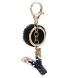 LoveFery - Black Pompom Letter Keychain Glitter Gradient Resin A-Z Initials Alphabet Keyring Pendant Women Handbag Phone Decorative Gift