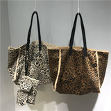 LoveFery - Vintage Leopard Large Capacity Tote Bag Designer Lambswool Women Shoulder Bags Luxury Faur Fur Handbags Big Shopper Purse Winter